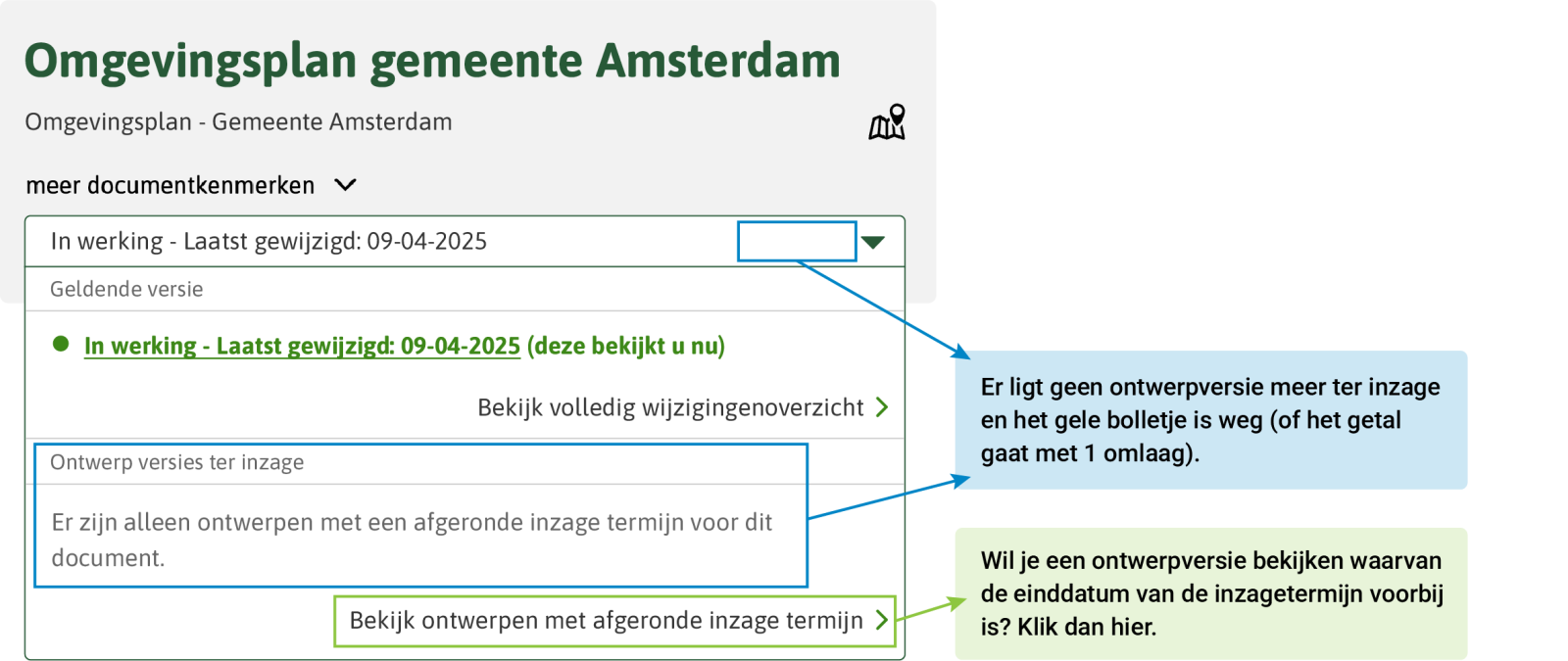 rood: Er ligt geen ontwerpversie meer ter inzage en het gele bolletje is weg (of het getal gaat met 1 omlaag). blauw: Wil je een ontwerpversie bekijken waarvan de einddatum van de inzagetermijn voorbij is? Klik dan hier.