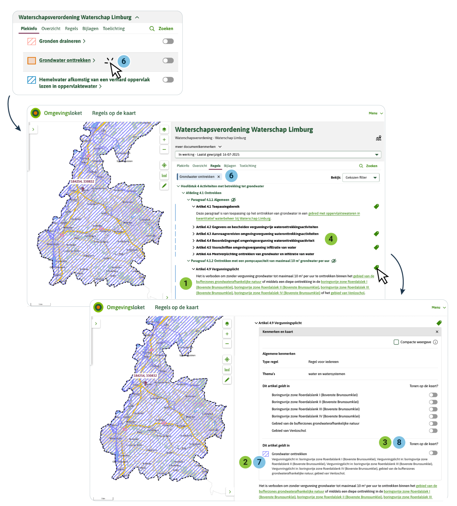 Als de gebruiker van ‘Regels op de kaart’ selecteert op de activiteit ‘Grondwater onttrekken’ worden alle artikelen die gaan over ‘Grondwater onttrekken’ getoond. De gebruiker ziet ook de Activiteitregelkwalificatie (onder Activiteiten ‘’Grondwater onttrekken’ staat de tekst ‘vergunningplicht in boringsvrije zone …’.  De gebruiker kan per artikel/lid de locatie aan zetten zodat de gebruiker kan zien waar de regels met betrekking tot de activiteit met de Activiteitregelkwalificatie hun werking hebben.