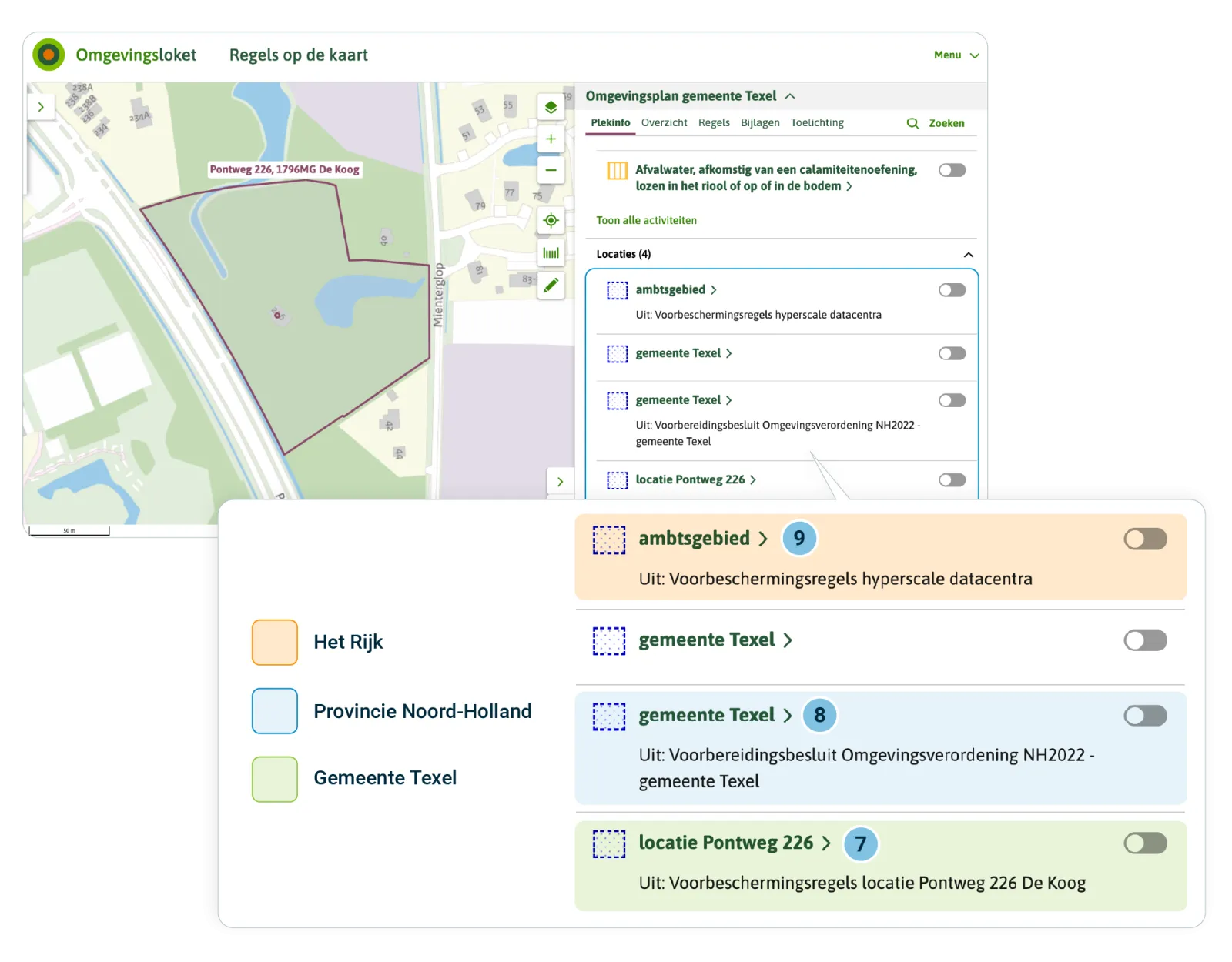 In dit voorbeeld zie je een omgevingsplan met drie tijdelijk regelingdelen. De gemeente heeft zelf voorbeschermingsregels voor de Pontweg 226 gepubliceerd. De provincie heeft voorbeschermingsregels aangebracht als bescherming tijdens de voorbereiding van een wijziging van de omgevingsverordening. En het Rijk zorgde voor voorbeschermingsregels om hypserscale datacentra tegen te gaan. Je ziet de voorbeschermingsregels in regels op de kaart. 