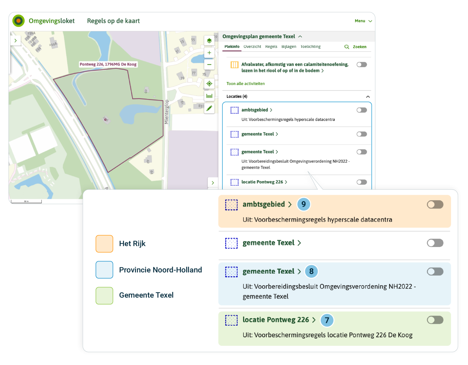 In dit voorbeeld zie je een omgevingsplan met drie tijdelijk regelingdelen. De gemeente heeft zelf voorbeschermingsregels voor de Pontweg 226 gepubliceerd. De provincie heeft voorbeschermingsregels aangebracht als bescherming tijdens de voorbereiding van een wijziging van de omgevingsverordening. En het Rijk zorgde voor voorbeschermingsregels om hypserscale datacentra tegen te gaan. Je ziet de voorbeschermingsregels in regels op de kaart. 