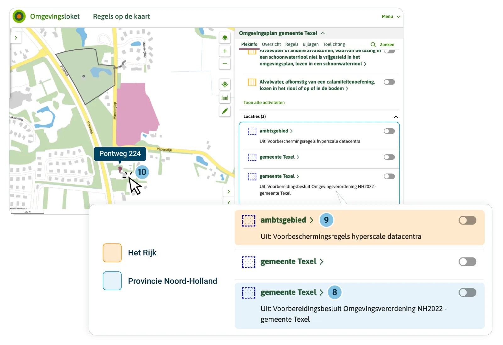 In dit voorbeeld zie je een omgevingsplan met drie tijdelijk regelingdelen. De gemeente heeft zelf voorbeschermingsregels voor de Pontweg 226 gepubliceerd. De provincie heeft voorbeschermingsregels aangebracht als bescherming tijdens de voorbereiding van een wijziging van de omgevingsverordening. En het Rijk zorgde voor voorbeschermingsregels om hypserscale datacentra tegen te gaan. je ziet hoe de voorbeschermingsregels worden getoond in Regeld op de kaart.