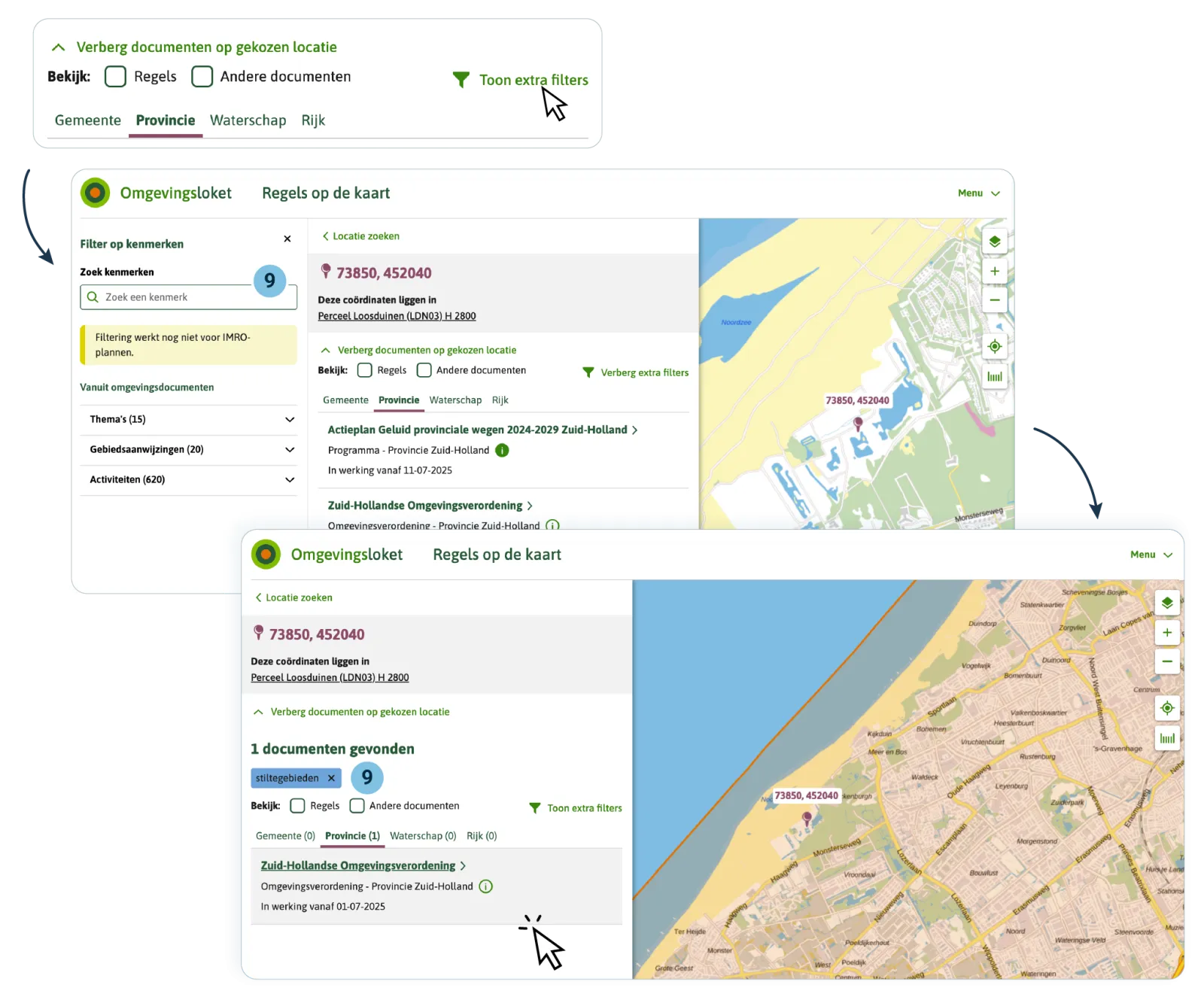 De gebruiker kan ook filteren op het kenmerk ‘stiltegebieden’ voordat een omgevingsdocument is gekozen. De gebruiker ziet dan alle documenten waarin die Gebiedsaanwijzing is opgenomen. In dit geval alleen de Zuid-Hollandse Omgevingsverordening.