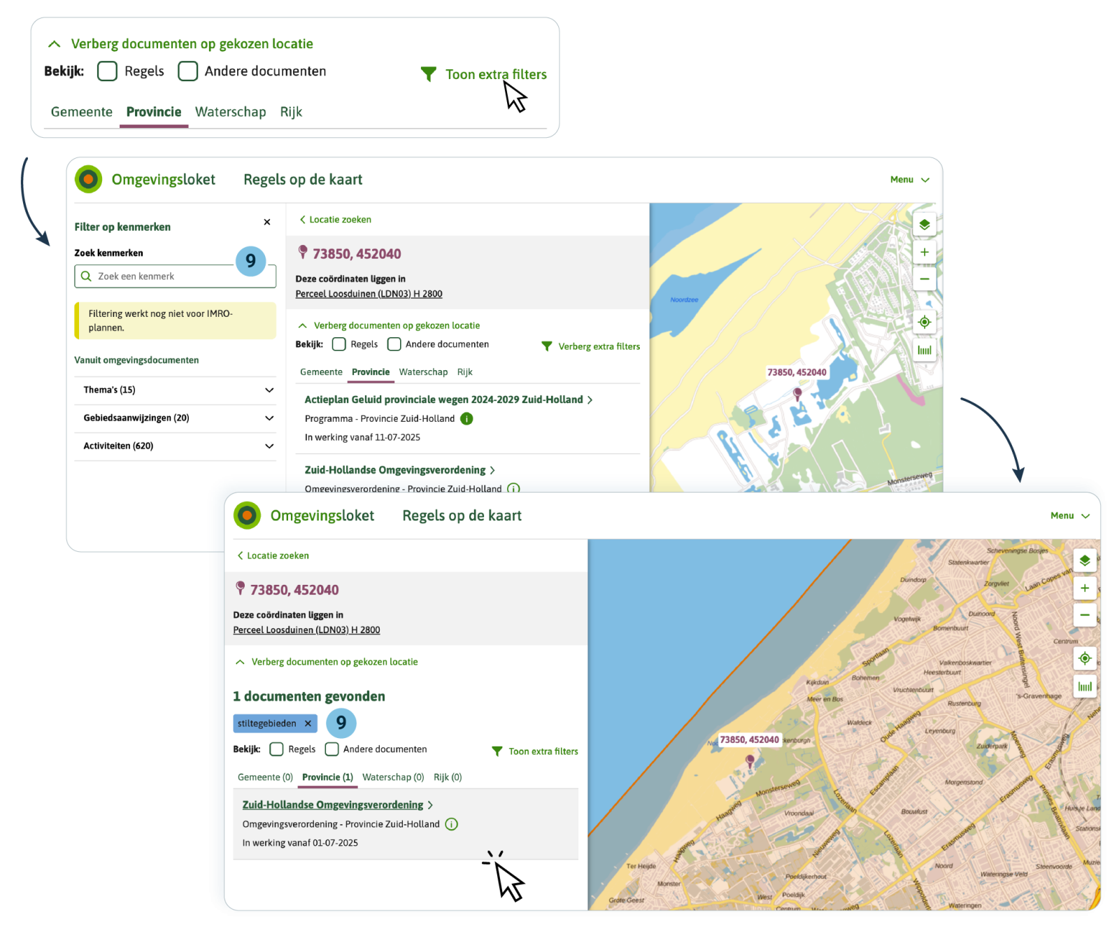 De gebruiker kan ook filteren op het kenmerk ‘stiltegebieden’ voordat een omgevingsdocument is gekozen. De gebruiker ziet dan alle documenten waarin die Gebiedsaanwijzing is opgenomen. In dit geval alleen de Zuid-Hollandse Omgevingsverordening.