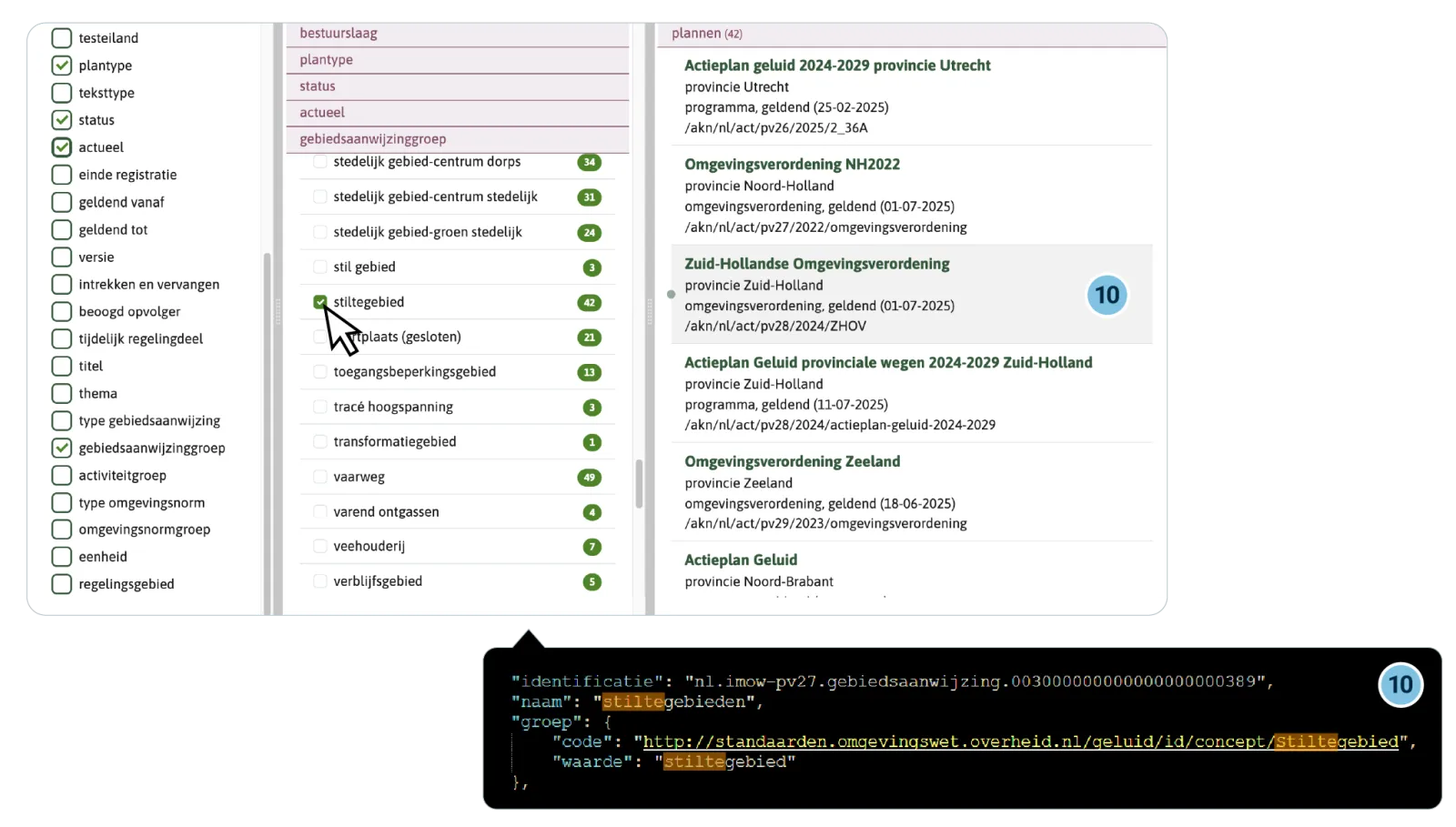 Via het ‘Open Stelsel voor derden’ kunnen ook ‘derden’ via de computer snel de stiltegebieden vinden. Hier ter illustratie een stukje JSON-code, leesbaar voor computers, en een afbeelding van een selectie gemaakt in Plannen voor de Leefomgeving. 
