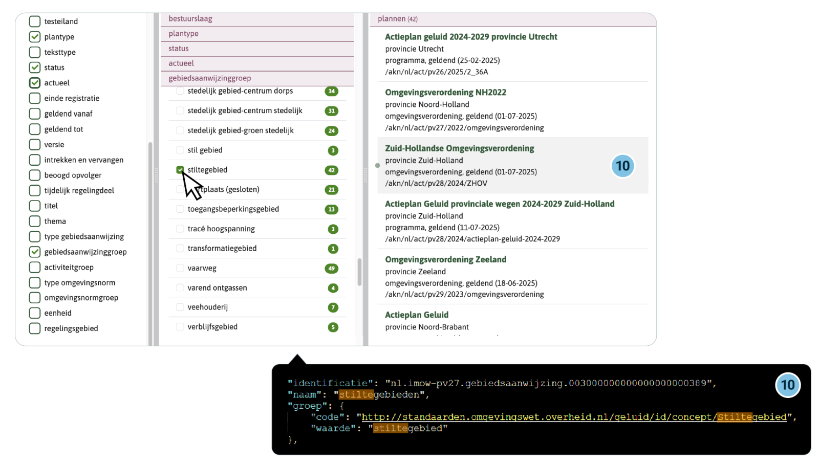 Via het ‘Open Stelsel voor derden’ kunnen ook ‘derden’ via de computer snel de stiltegebieden vinden. Hier ter illustratie een stukje JSON-code, leesbaar voor computers, en een afbeelding van een selectie gemaakt in Plannen voor de Leefomgeving. 