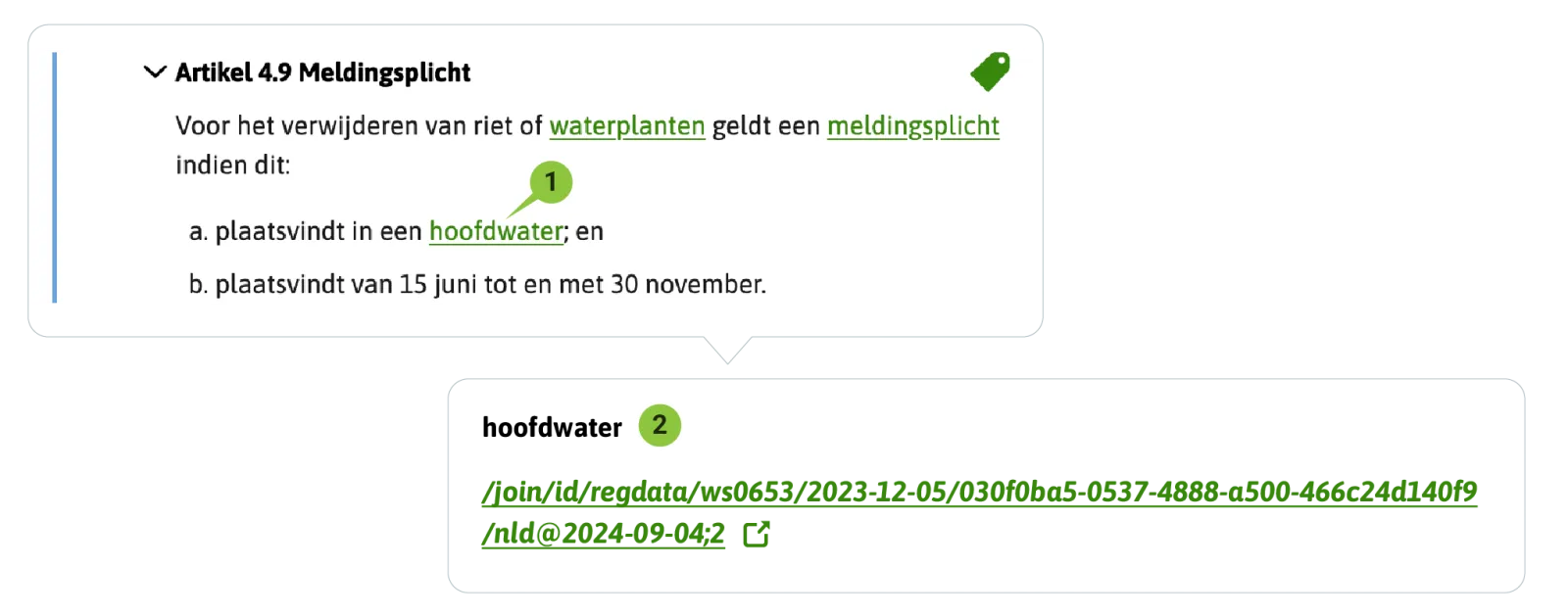 Je noemt het gebied met bepaalde typering in de tekst, hier ‘hoofdwater’. Je legt de locatie vast als Geografisch Informatieobject: ‘hoofdwater’.