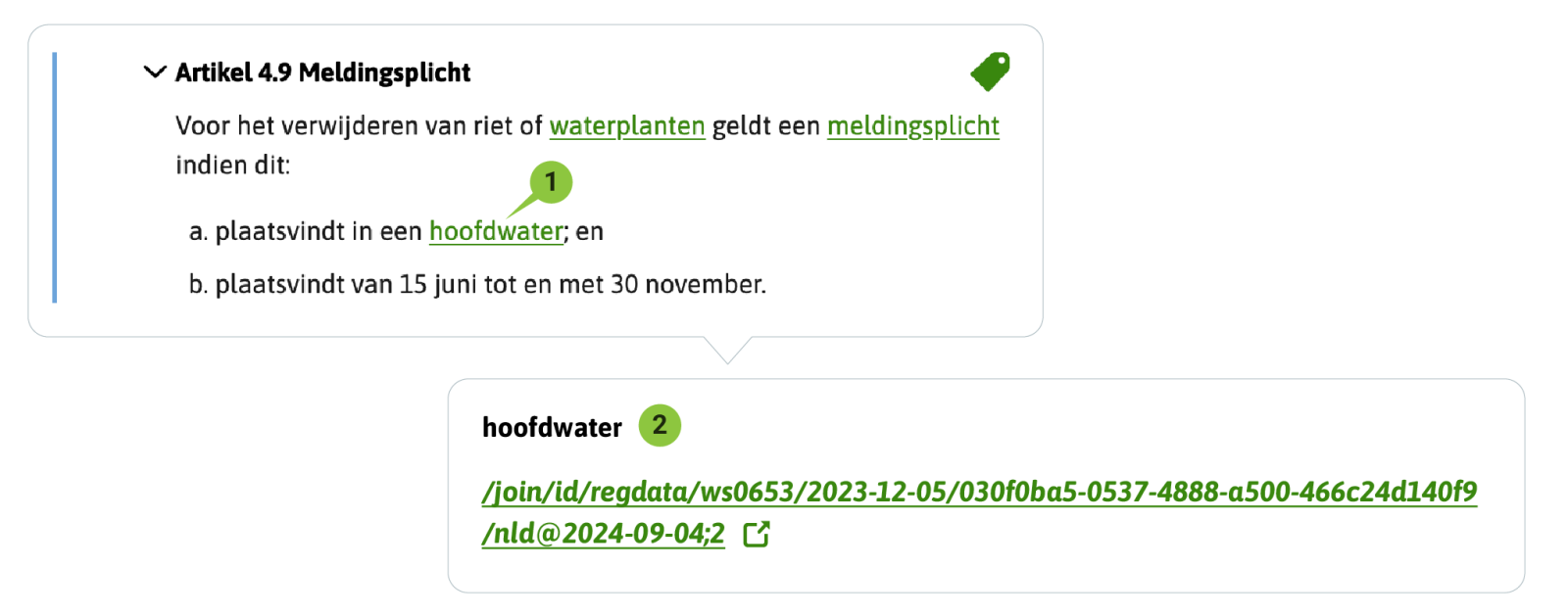 Je noemt het gebied met bepaalde typering in de tekst, hier ‘hoofdwater’. Je legt de locatie vast als Geografisch Informatieobject: ‘hoofdwater’.