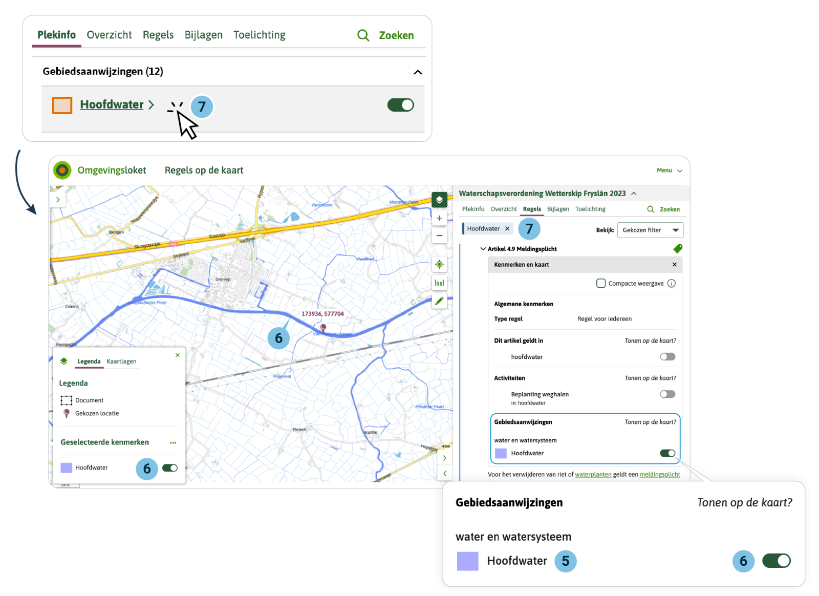 De gebruiker van Regels op de kaart ziet bij PlekInfo de Gebiedsaanwijzing ‘hoofdwater’. De gebruiker kan de Gebiedsaanwijzing zichtbaar maken op de kaart, en de bijbehorende legenda. De gebruiker kan in PlekInfo klikken op de Gebiedsaanwijzing. Dan opent het Regels tabblad met de selectie van de artikelen waar de Gebiedsaanwijzing aan gekoppeld is.