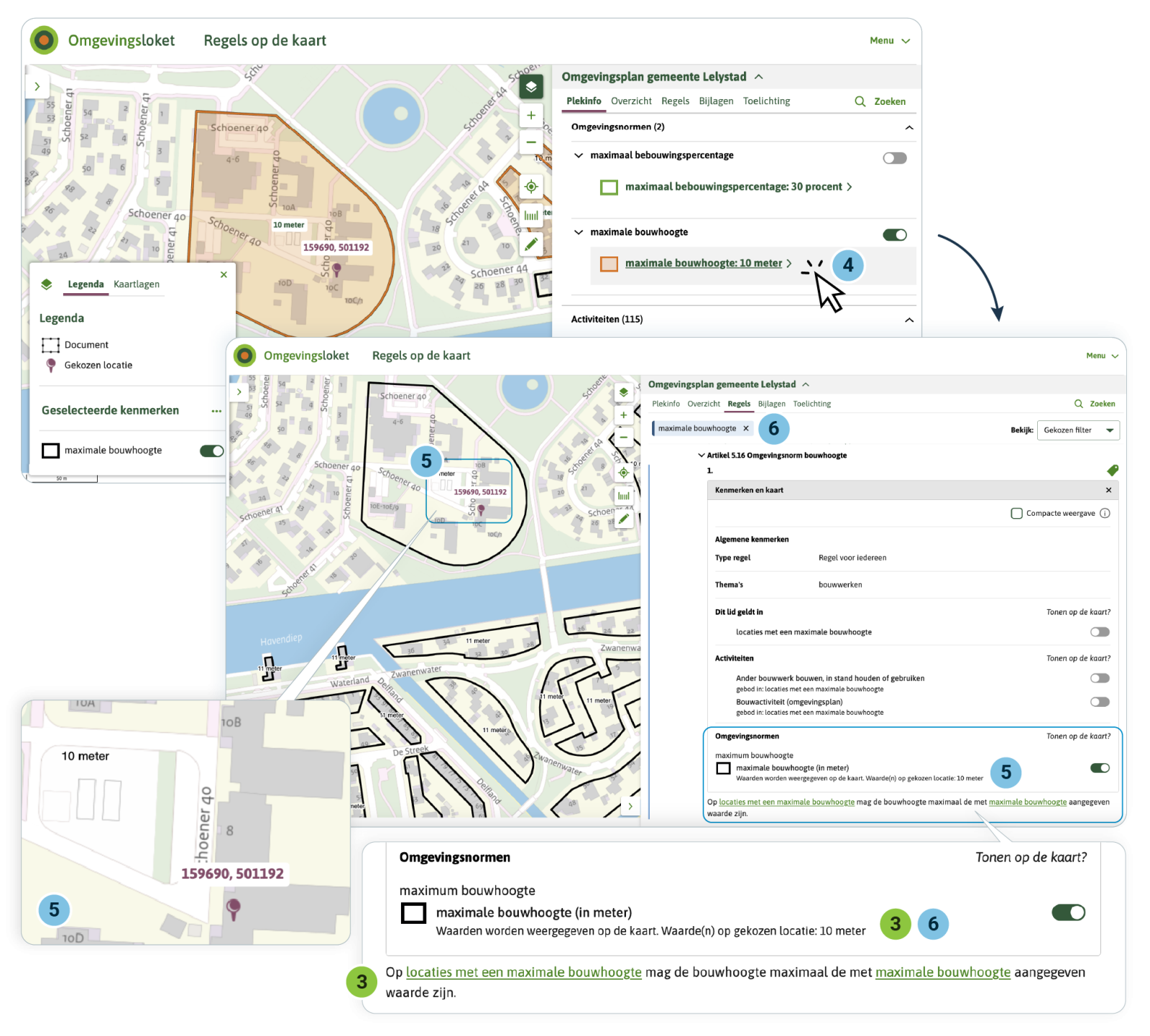 Als de gebruiker van Regels op de kaart ergens op de kaart klikt ziet hij bij Plekinfo de Omgevingsnorm met de op de gekozen plek geldende waarde. Als de gebruiker in Plekinfo of in het Regels tabblad de Omgevingsnorm ‘aan’ zet, toont de viewer de vlakken van de Omgevingsnorm op de kaart, ieder met zijn eigen waarde. Als de gebruiker in Plekinfo op de Omgevingsnorm klikt wordt op het tabblad Regels de tekst geselecteerd waar deze Omgevingsnorm aan gekoppeld is.