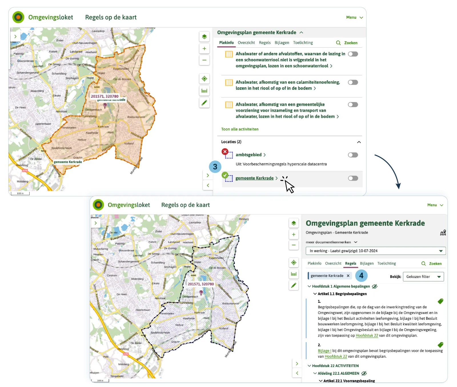 In dit voorbeeld zien we dat de ambtsgebied-Locatie als Werkingsgebied is gebruikt. Het betekent dat deze regels overal in het ambtsgebied werking hebben. Dus je krijgt deze regels altijd te zien, waar je ook op de kaart klikt binnen het ambtsgebied.