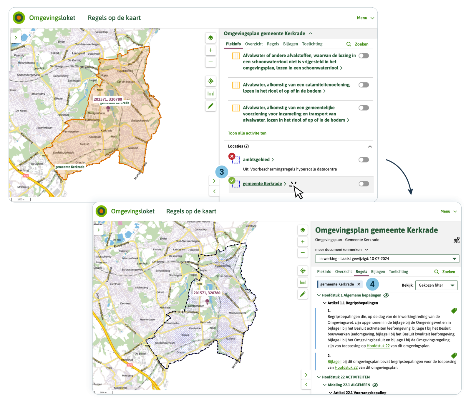 In dit voorbeeld zien we dat de ambtsgebied-Locatie als Werkingsgebied is gebruikt. Het betekent dat deze regels overal in het ambtsgebied werking hebben. Dus je krijgt deze regels altijd te zien, waar je ook op de kaart klikt binnen het ambtsgebied.