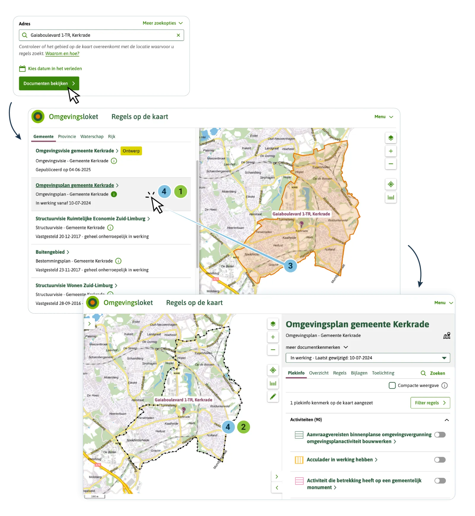Als de gebruiker op de kaart klikt in Kerkrade, laat de viewer een lijst met de op die plek gevonden omgevingsdocumenten zien. Als je met je muis over de lijst gaat, zie je het Regelingsgebied van ieder document oplichten. Omdat het ambtsgebied van de gemeente Kerkrade is ingesteld als Regelingsgebied van het omgevingsplan, zie je dit plan ook in de lijst staan. Als de gebruiker in de lijst vervolgens het omgevingsplan van de gemeente Kerkrade aanklikt, zoomt de viewer in op de in stap 3 gekozen plek.