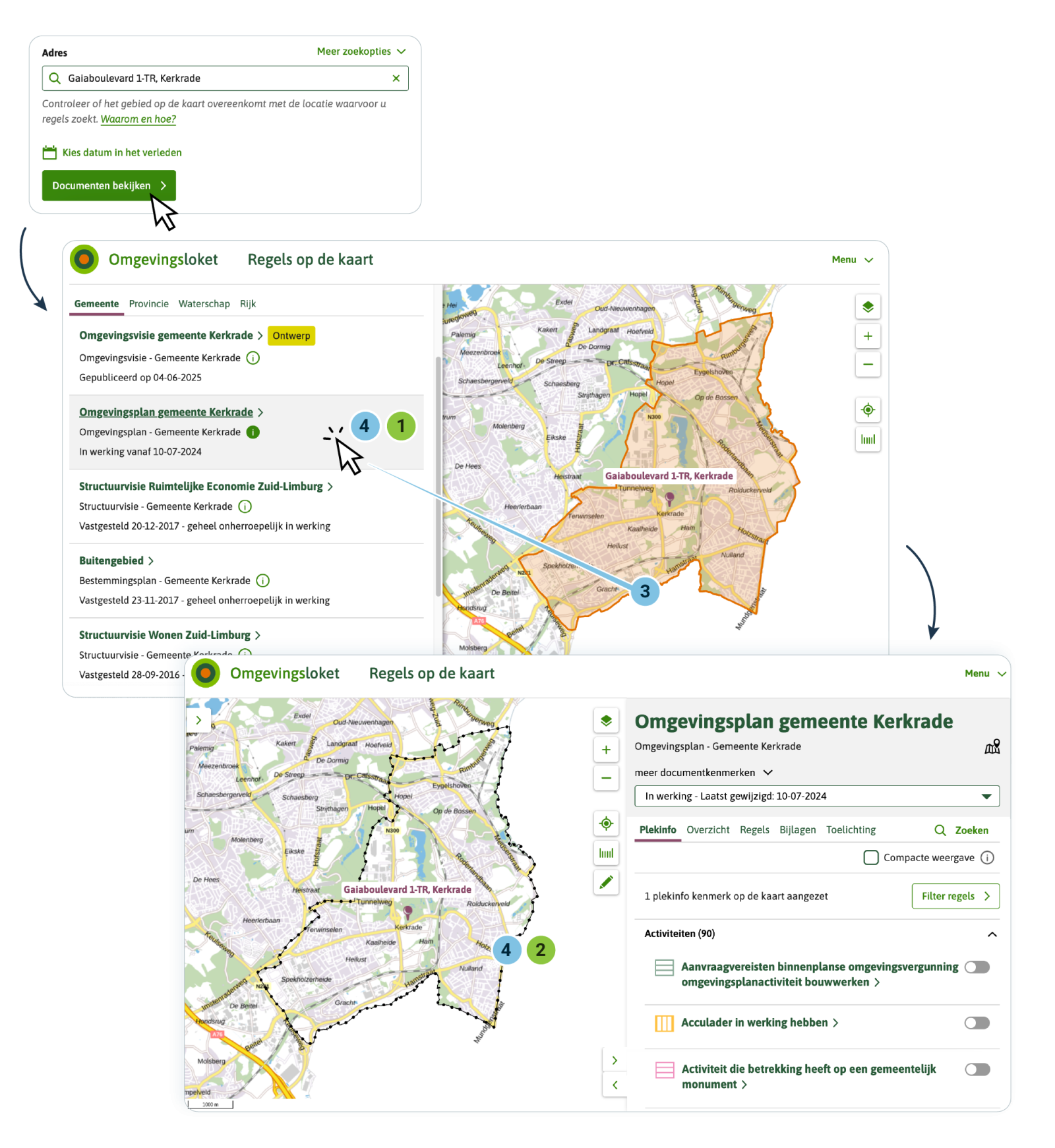 Als de gebruiker op de kaart klikt in Kerkrade, laat de viewer een lijst met de op die plek gevonden omgevingsdocumenten zien. Als je met je muis over de lijst gaat, zie je het Regelingsgebied van ieder document oplichten. Omdat het ambtsgebied van de gemeente Kerkrade is ingesteld als Regelingsgebied van het omgevingsplan, zie je dit plan ook in de lijst staan. Als de gebruiker in de lijst vervolgens het omgevingsplan van de gemeente Kerkrade aanklikt, zoomt de viewer in op de in stap 3 gekozen plek.