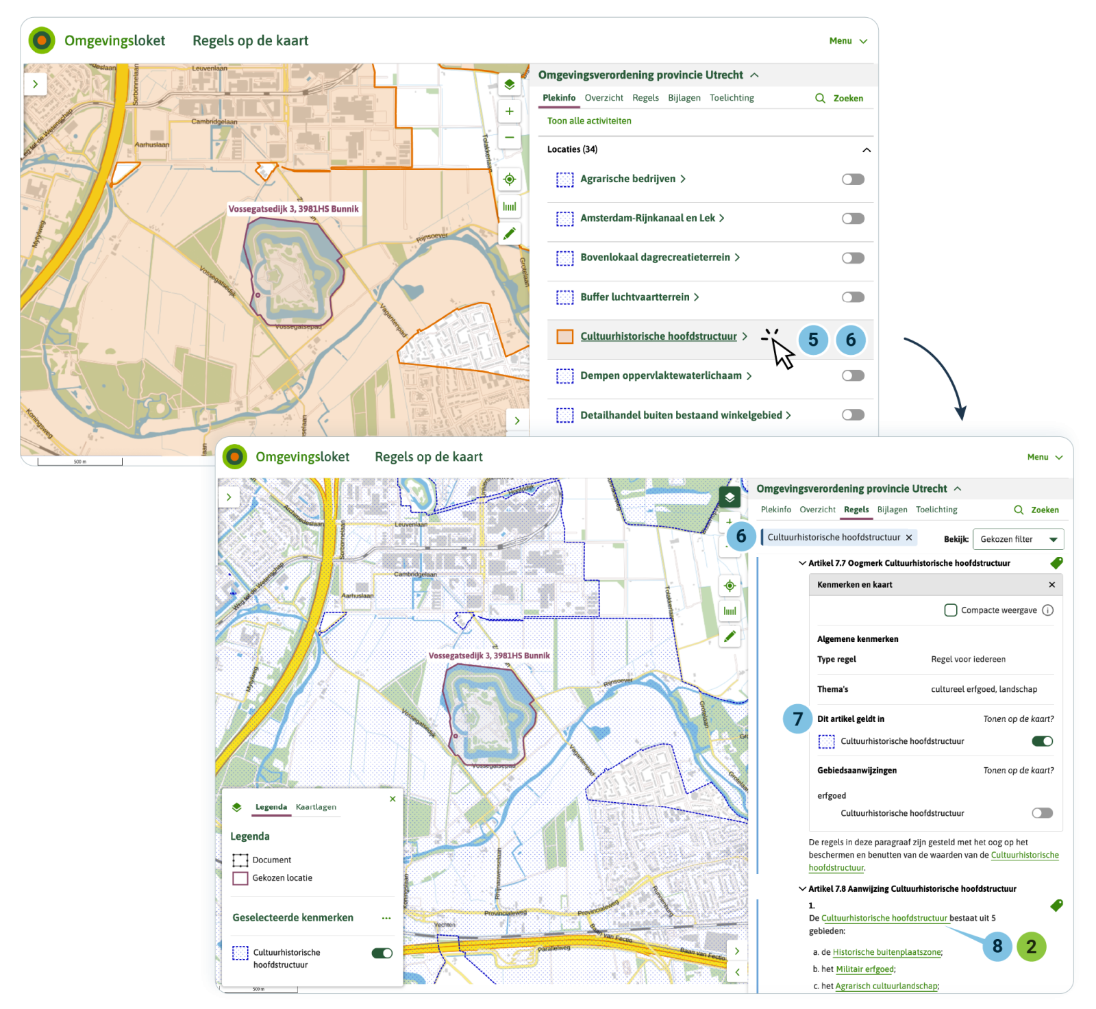 Als de gebruiker op deze locatie in de kaart klikt, vindt de gebruiker in Plekinfo een aantal locaties, waaronder ‘Cultuurhistorische hoofdstructuur’.  Als de gebruiker vervolgens in Plekinfo klikt op de locatie ‘Cultuurhistorische hoofdstructuur’ wordt de tab Regels actief met daarin geselecteerd de regels die ‘Cultuurhistorische hoofdstructuur’ als Werkingsgebied hebben.