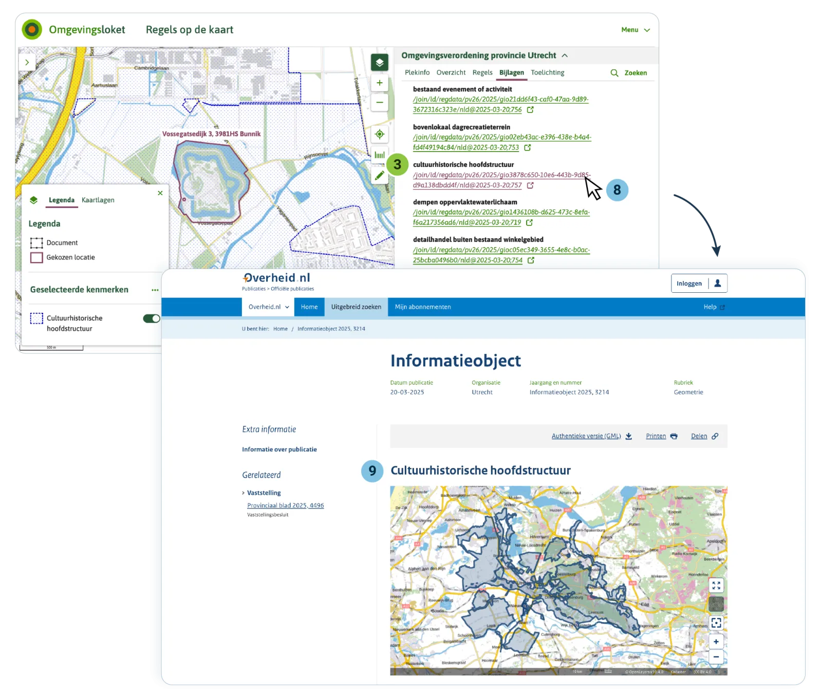 Als de gebruiker in de tekst op de (link naar de) locatie klikt, ziet de gebruiker dezelfde naam terug in de bijlage van GIO's, en een link.  Als de gebruiker de link in de bijlage volgt, wordt het officieel vastgestelde Geografisch Informatieobject (GIO) geopend op overheid.nl.