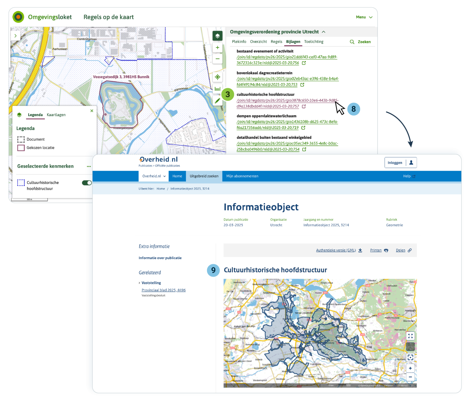 Als de gebruiker in de tekst op de (link naar de) locatie klikt, ziet de gebruiker dezelfde naam terug in de bijlage van GIO's, en een link.  Als de gebruiker de link in de bijlage volgt, wordt het officieel vastgestelde Geografisch Informatieobject (GIO) geopend op overheid.nl.