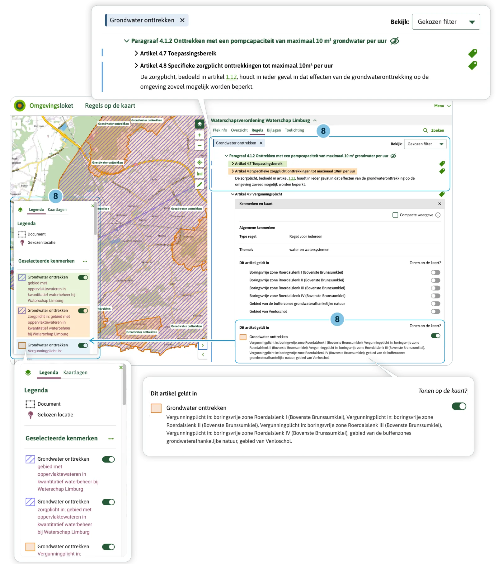 De gebruiker kan per artikel/lid de locatie aan zetten zodat de gebruiker kan zien waar de regels met betrekking tot de activiteit met de Activiteitregelkwalificatie hun werking hebben. De gebruiker kan dan zien dat de zorgplicht overal geldt. En de vergunningplicht alleen op specifieke locaties.