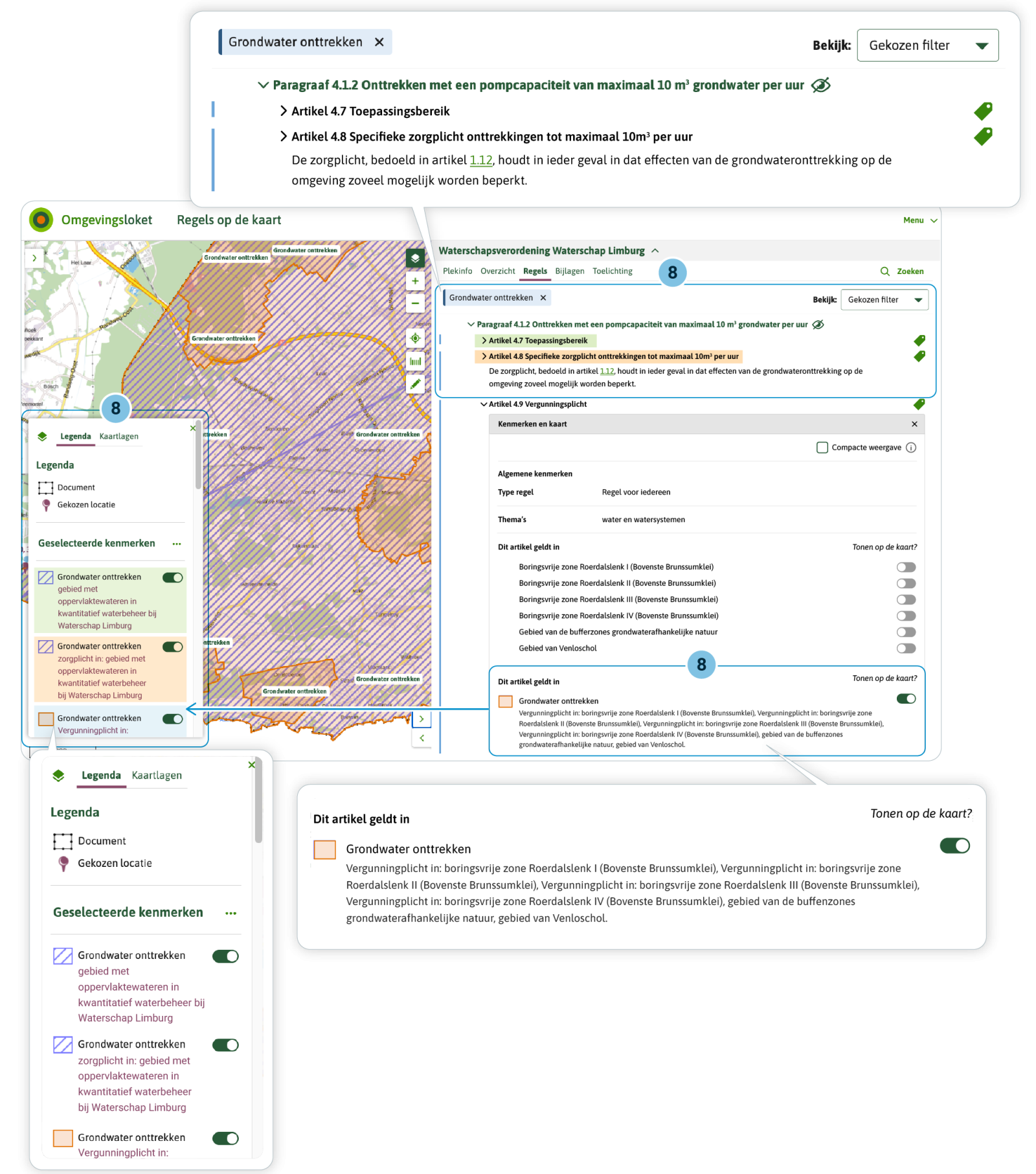 De gebruiker kan per artikel/lid de locatie aan zetten zodat de gebruiker kan zien waar de regels met betrekking tot de activiteit met de Activiteitregelkwalificatie hun werking hebben. De gebruiker kan dan zien dat de zorgplicht overal geldt. En de vergunningplicht alleen op specifieke locaties.