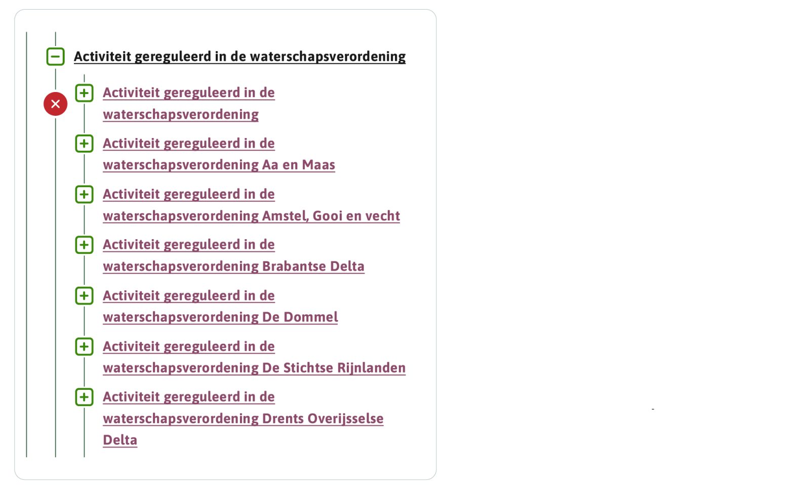 In dit voorbeeld is de richtlijn voor de naam van de tophaak-Activiteit niet toegepast.  Het gevolg is dat je in de Registratie Toepasbare Regels niet direct kunt zien van welke waterschapsverordening dit de tophaak-Activiteit is, en daarmee ook de onderliggende Activiteiten.