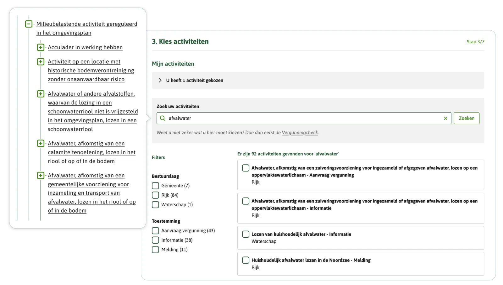 Als te lange namen zijn gekozen, raakt de collega van toegepaste regels makkelijker het overzicht kwijt bij het maken van vergunningchecks en formulieren. Dit zie je hier in de RTR. Maar ook de initiatiefnemer wordt geconfronteerd met deze lange namen. Als eerste ziet de initiatiefnemer dat bij het kiezen van de activiteit waarvoor hij vergunning wil aanvragen.
