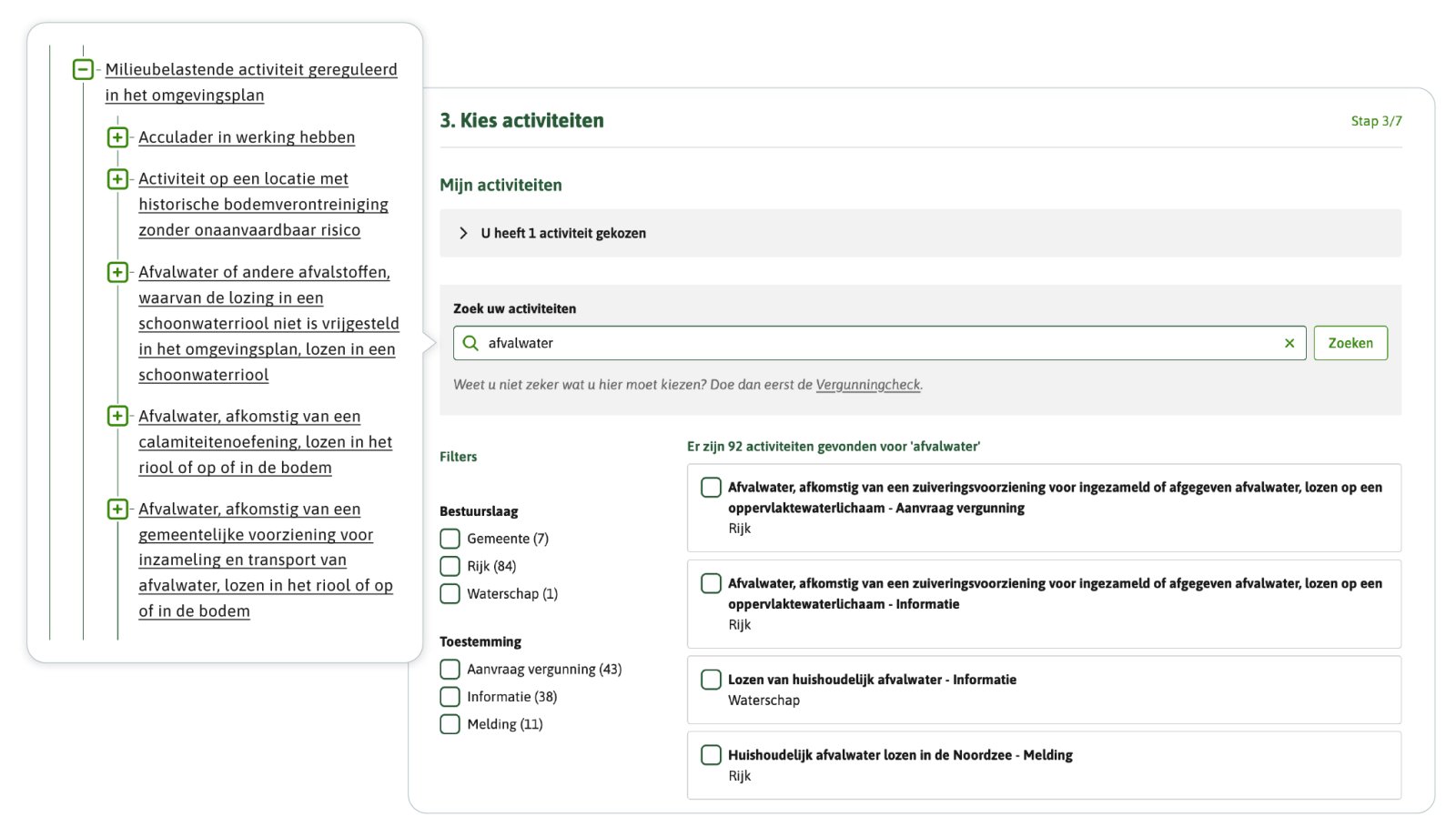Als te lange namen zijn gekozen, raakt de collega van toegepaste regels makkelijker het overzicht kwijt bij het maken van vergunningchecks en formulieren. Dit zie je hier in de RTR. Maar ook de initiatiefnemer wordt geconfronteerd met deze lange namen. Als eerste ziet de initiatiefnemer dat bij het kiezen van de activiteit waarvoor hij vergunning wil aanvragen.