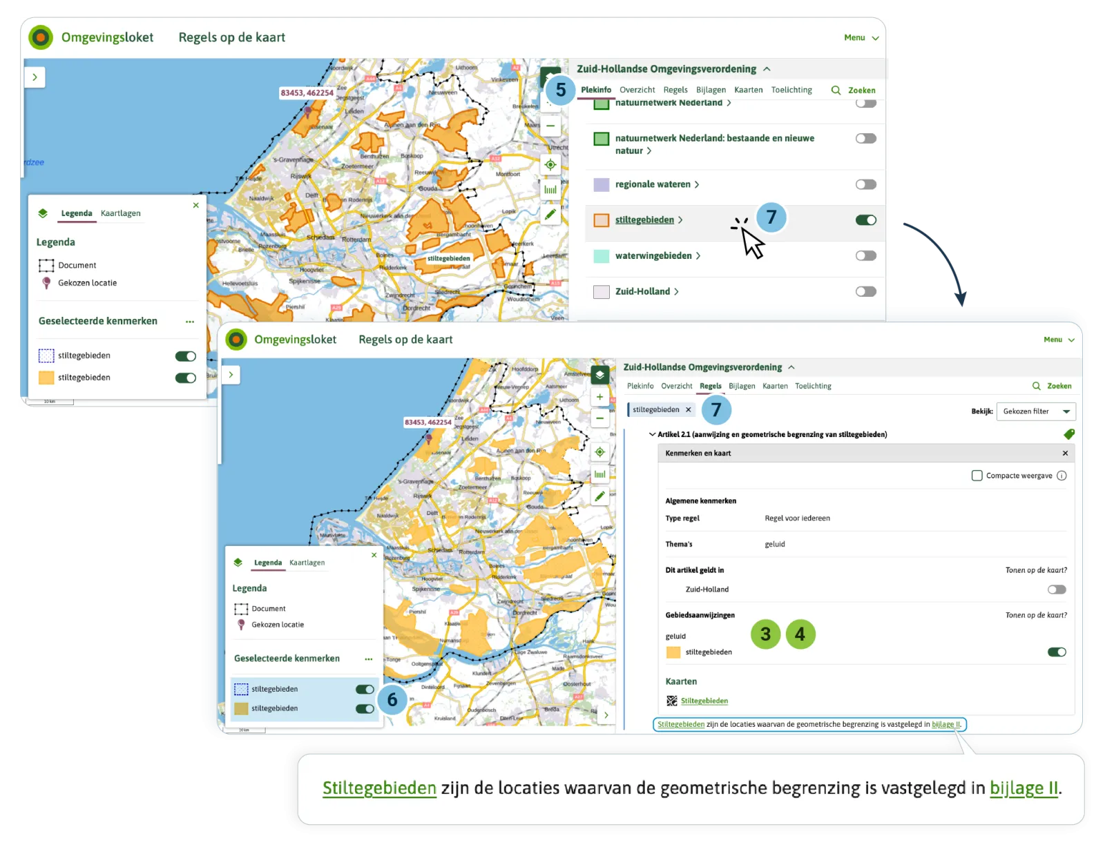 Je maakt daarom een Gebiedsaanwijzing ‘stiltegebieden’ met als Locatie ‘stiltegebieden’. Je gebruikt de Gebiedsaanwijzing ‘stiltegebieden’ als kenmerk bij alle artikelen en leden die over dit gebied gaan. 5.	De gebruiker van Regels op de kaart ziet bij PlekInfo de Gebiedsaanwijzing ‘stiltegebieden’. De gebruiker kan de Gebiedsaanwijzing zichtbaar maken op de kaart, en de bijbehorende legenda.