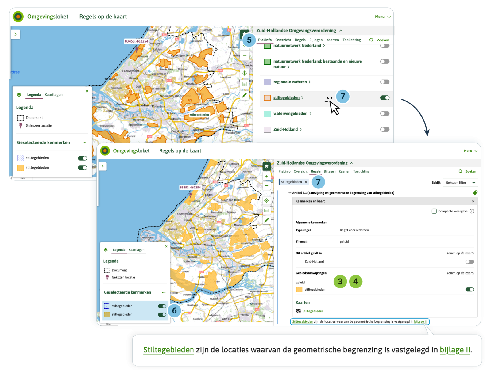 Je maakt daarom een Gebiedsaanwijzing ‘stiltegebieden’ met als Locatie ‘stiltegebieden’. Je gebruikt de Gebiedsaanwijzing ‘stiltegebieden’ als kenmerk bij alle artikelen en leden die over dit gebied gaan. 5.	De gebruiker van Regels op de kaart ziet bij PlekInfo de Gebiedsaanwijzing ‘stiltegebieden’. De gebruiker kan de Gebiedsaanwijzing zichtbaar maken op de kaart, en de bijbehorende legenda.