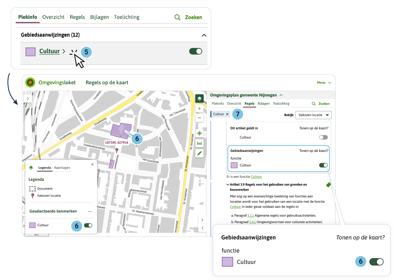 De gebruiker van Regels op de kaart ziet bij PlekInfo de Gebiedsaanwijzing ‘Cultuur’. De gebruiker kan de Gebiedsaanwijzing zichtbaar maken op de kaart, en de bijbehorende legenda. De gebruiker kan in PlekInfo klikken op de Gebiedsaanwijzing. Dan opent het Regels tabblad met de selectie van de artikelen waar de Gebiedsaanwijzing aan gekoppeld is.