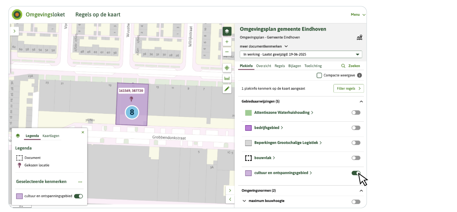 Als de gebruiker een ander omgevingsplan met functie cultuur opent ziet het er  daar hetzelfde uit. Dat komt doordat de symbolisatie, hoe iets afgebeeld wordt,  bepaald wordt aan de hand van de gekozen Gebiedsaanwijzing-groep. Hier is dat de groep ‘cultuur’