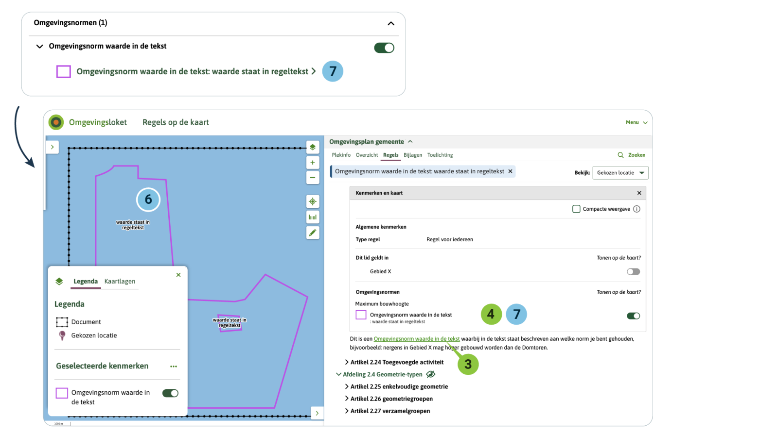 Als de gebruiker van Regels op de kaart in Gebied X op de kaart klikt, ziet hij bij Plekinfo de Omgevingsnorm met de geldende waarde: ‘Omgevingsnorm waarde in de tekst’. Als de gebruiker in Plekinfo of in het Regels tabblad de Omgevingsnorm ‘aan’ zet, toont de viewer de vlakken van de Omgevingsnorm op de kaart, met het label ‘Waarde staat in regeltekst’. 7.	Als de gebruiker in Plekinfo op de Omgevingsnorm klikt wordt op het tabblad Regels de tekst geselecteerd waar deze Omgevingsnorm aan gekoppeld is.
