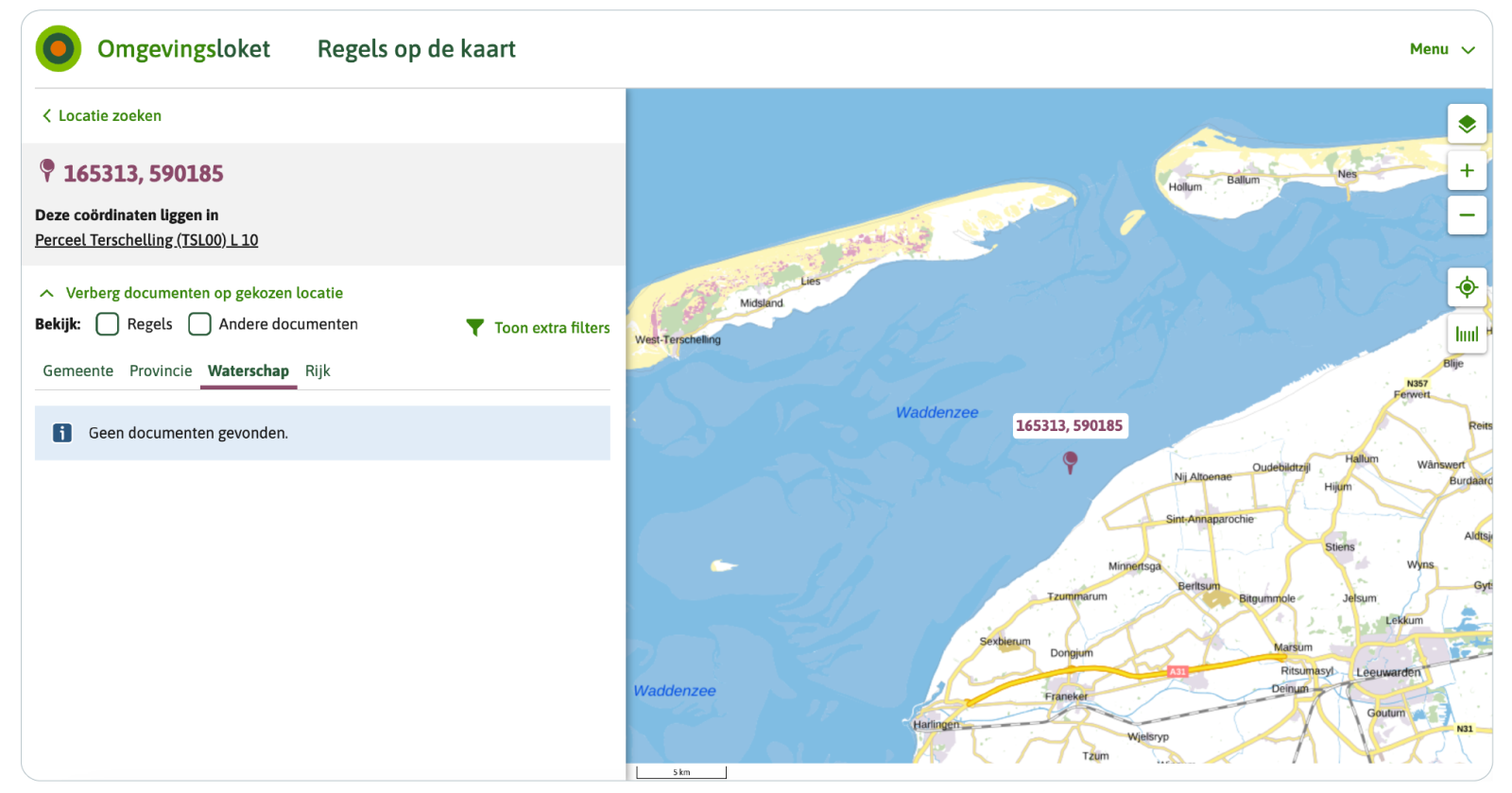 Gevolg is dat op sommige plekken wordt geen Waterschapsverordening wordt gevonden, omdat dit niet binnen het beheergebied valt. Als je in de kaart buiten het beheergebeid klikt, zie je de waterschapsverordening niet in de documentenlijst staan.