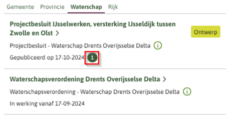 De afbeelding toont dat in de documentenlijst in Regels op de kaart er een groen bolletje met een 1 staat.