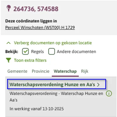 In de afbeelding zie je de citeertitel van de regeling bij het zoeken naar omgevingsdocumenten in Regels op de kaart.