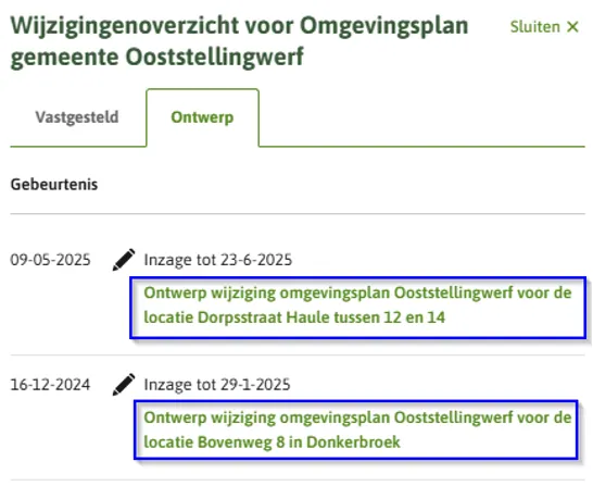 De afbeelding toont het wijzigingenoverzicht van de ontwerpen, de citeertitels zijn getoond.
