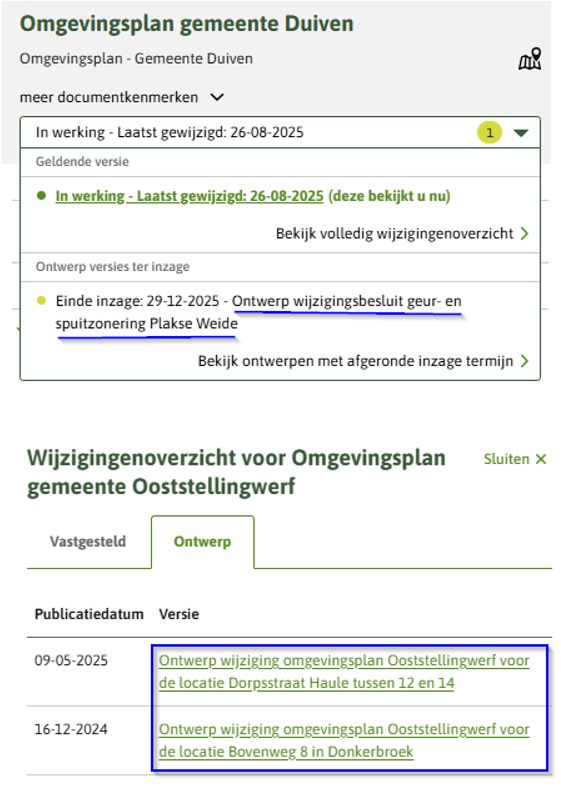 In de afbeeldingen zie je de citeertitels van het ontwerpbesluit in regels op de kaart onderstreept. De citeertitel is zichtbaar in het wijzigingenoverzicht van ontwerp en het overzicht van ontwerpen die ter inzage liggen.