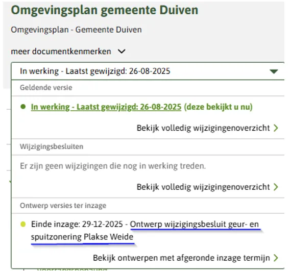 De afbeelding toont dat de citeertitel van ontwerpveries die ter inzage liggen in Regels op de kaart wordt getoond..