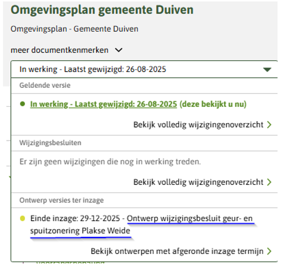 De afbeelding toont dat de citeertitel van ontwerpveries die ter inzage liggen in Regels op de kaart wordt getoond..