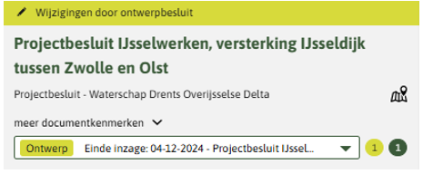 De afbeelding toont een initiële ontwerpregeling in Regels op de kaart. Je ziet een groen bolletje met een 1 naar de versiebalk.