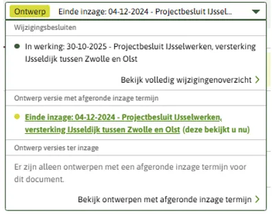 De afbeelding toont het paneel met de actuele versies vanuit een initieel ontwerp. je kan vanuit hier ook een besluitversie openen.