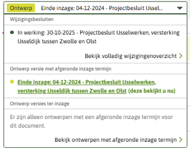 De afbeelding toont het paneel met de actuele versies vanuit een initieel ontwerp. je kan vanuit hier ook een besluitversie openen.