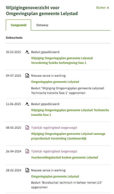 De afbeelding toont het wijzigingenoverzicht in Regels op de kaart. De besluitversies worden hier getoond en kan je openen. 