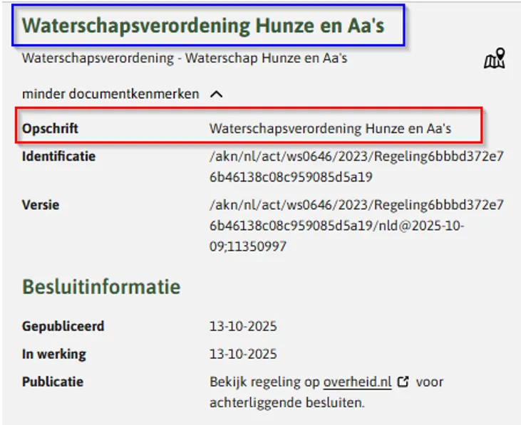 In de afbeelding zie de citeertitel en het opschrift in Regels op de kaart.