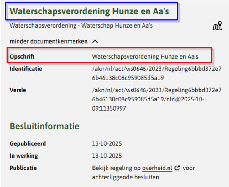 In de afbeelding zie de citeertitel en het opschrift in Regels op de kaart.