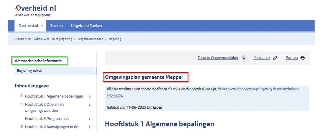 In de afbeelding zie je bovenaan het opschrift van de regeling op overheid.nl.  