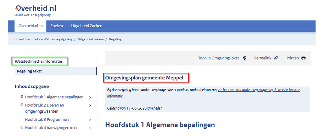 In de afbeelding zie je bovenaan het opschrift van de regeling op overheid.nl.  