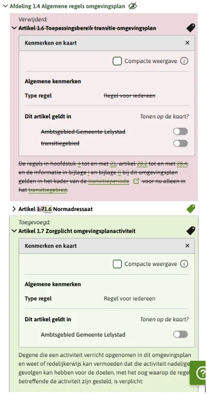De afbeelding toont een renvooiweergave van een besluitversie. Een artikel is verwijderd en een ander artikel is toegevoegd. 