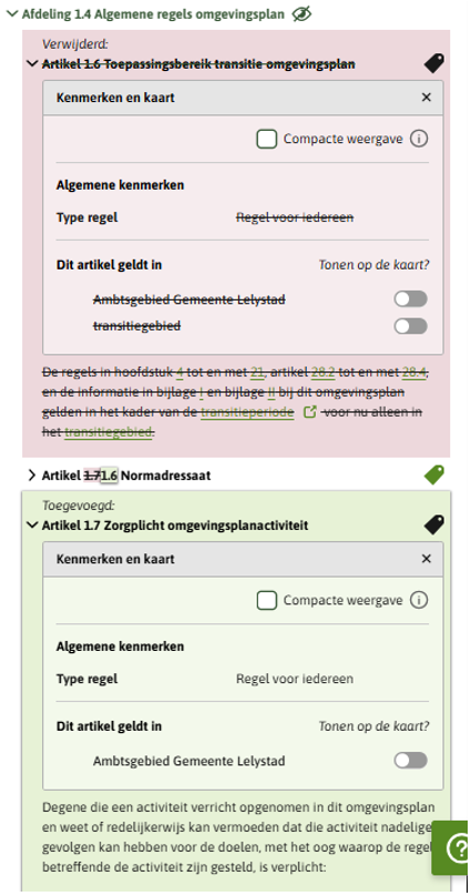 De afbeelding toont een renvooiweergave van een besluitversie. Een artikel is verwijderd en een ander artikel is toegevoegd. 