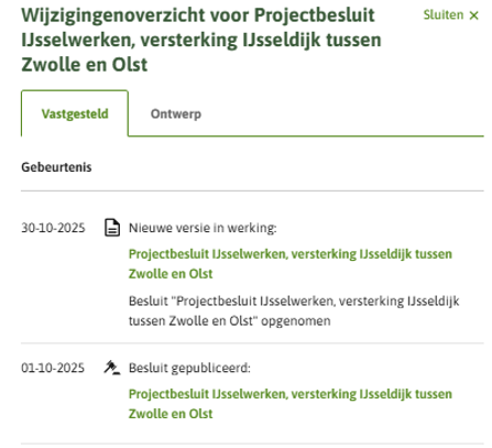 De afbeelding toont het wijzigingenoverzicht van een initiële regeling.