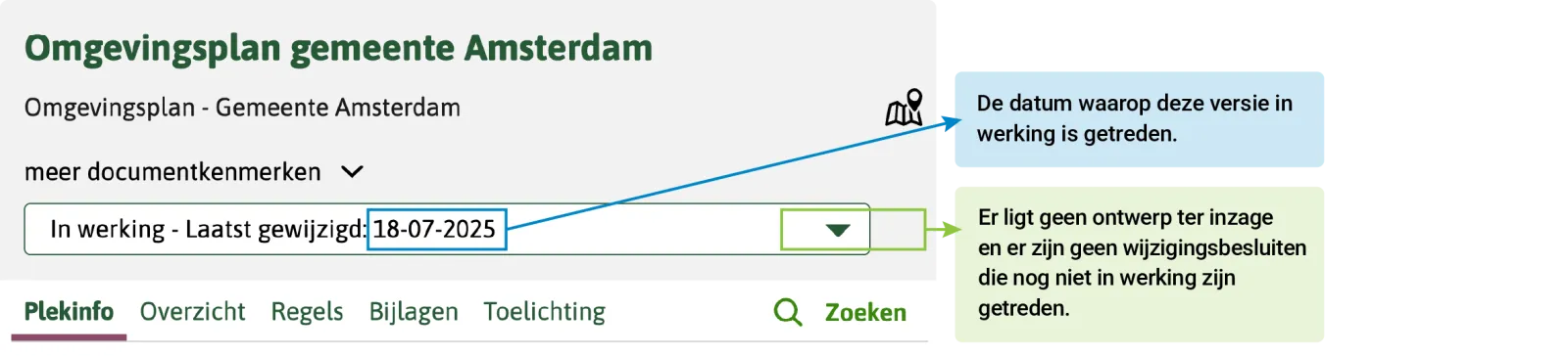 Je ziet hier de datum waarop deze versie in werking is getreden en dat er geen ontwerp ter inzage ligt en er geen wijzigingsbesluiten zijn die nog niet in werking zijn getreden.
