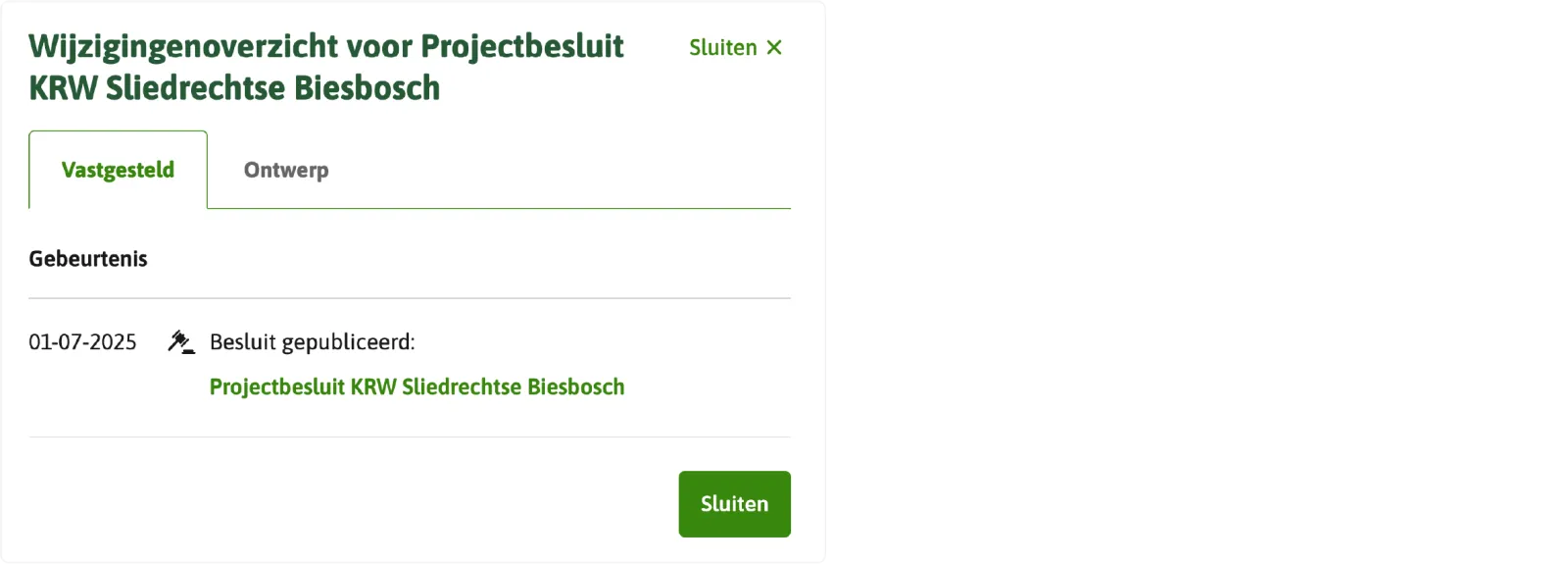 De afbeelding toont de besluitversie in het wijzigingenoverzicht van de vastgestelde versies. 